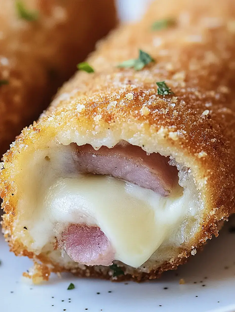 Gros plan sur un snack croustillant fourré au jambon et fromage.