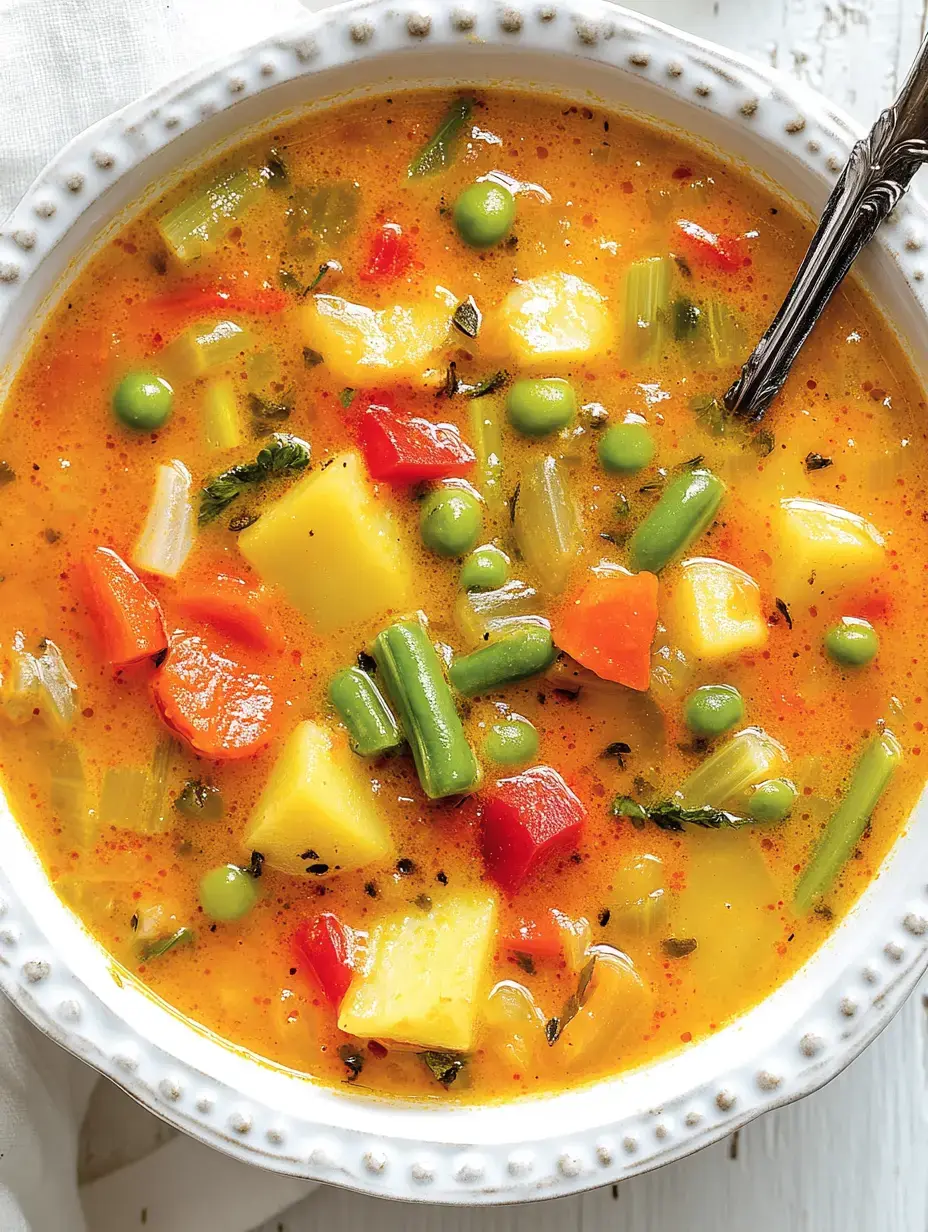 Un bol de velouté de légumes avec des légumes colorés comme carottes, petits pois, pommes de terre et poivron dans un bouillon doré.