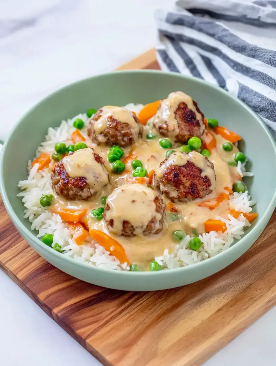 Une assiette avec du riz, des carottes et des petits pois, garnie de boulettes de viande dans une sauce crémeuse.