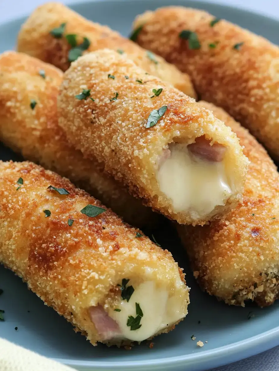 Rouleaux frits dorés farcis au fromage et jambon, garnis de persil frais sur une assiette bleue.