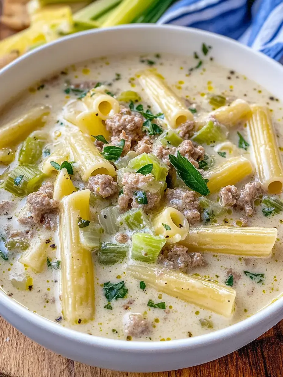 Un bol de soupe crémeuse aux pâtes, composée de macaronis, viande hachée, céleri et herbes fraîches.
