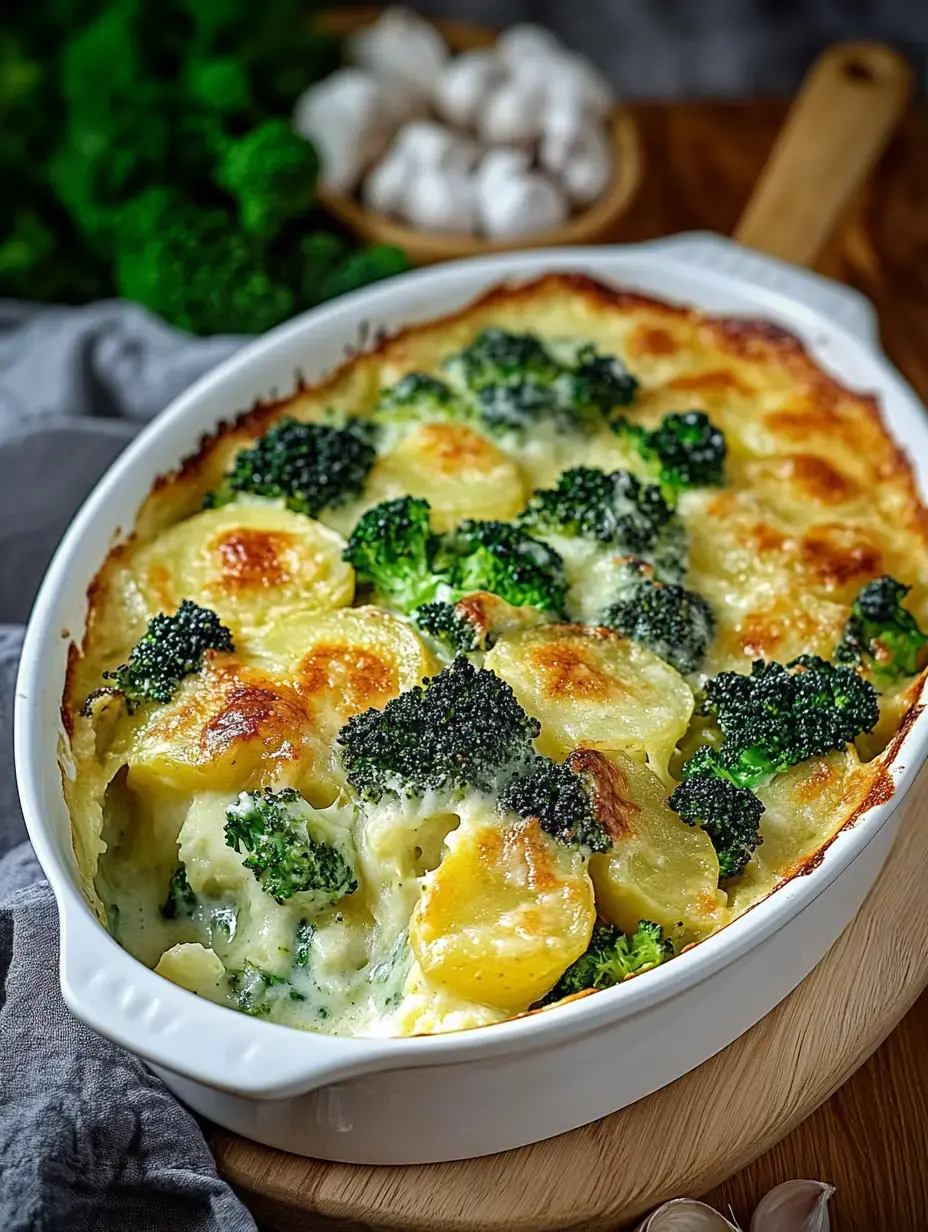 Un gratin de pommes de terre et brocoli, recouvert d'une sauce crémeuse au fromage.
