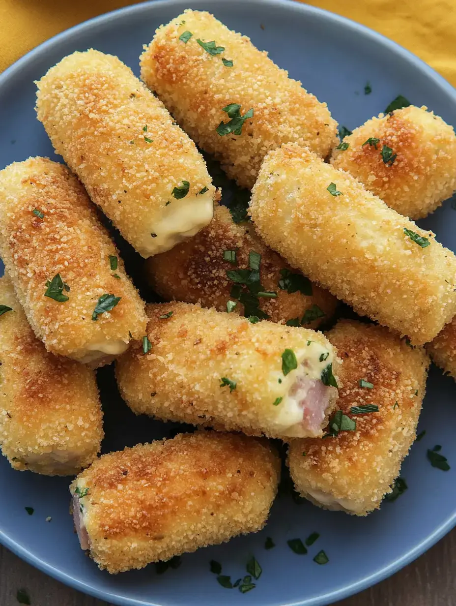 Sur une assiette bleue se trouvent des rouleaux panés et frits dorés, garnis d'herbes.