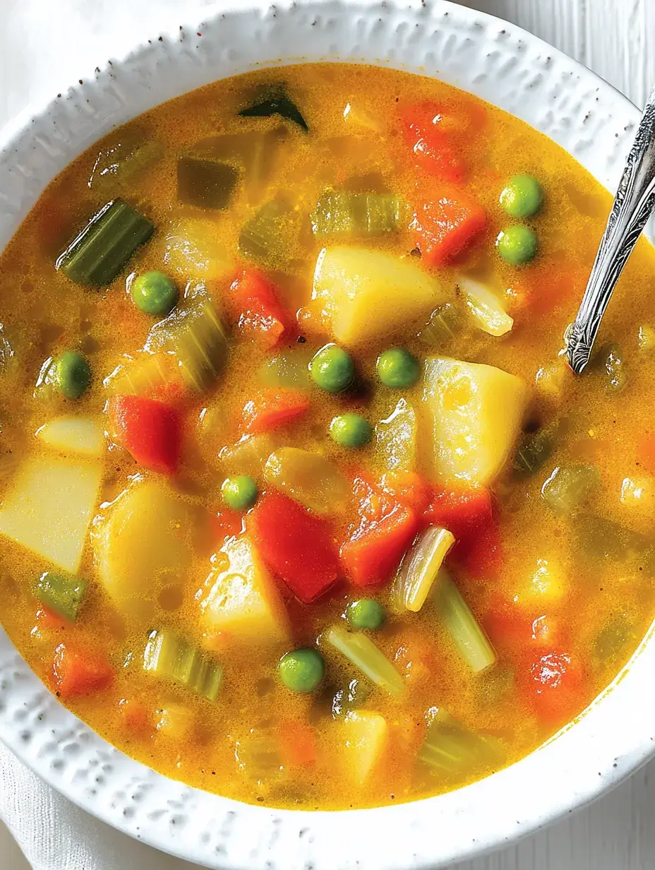 Un bol de soupe colorée aux légumes contenant pommes de terre, petits pois, poivron et céleri.