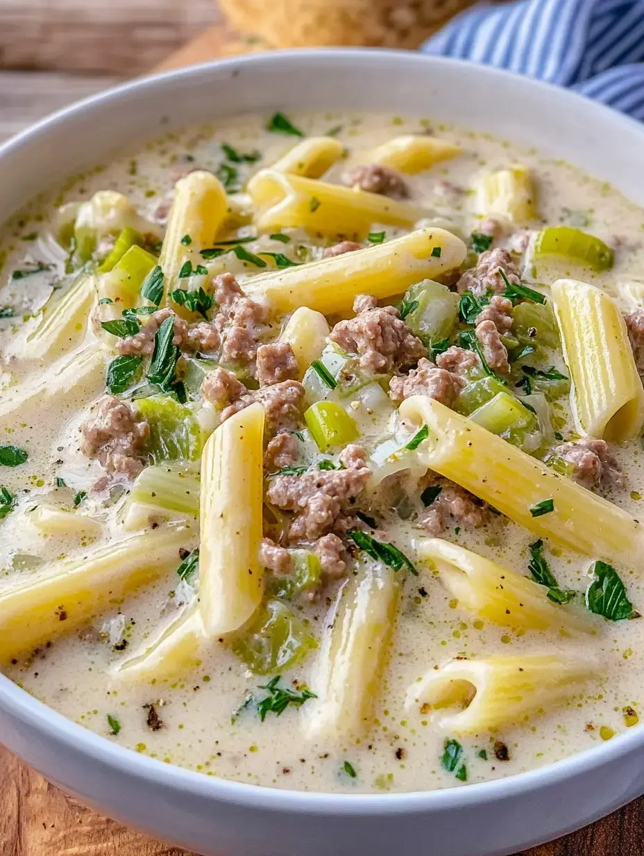 Un bol de soupe crémeuse remplie de pâtes, viande hachée, céleri et herbes fraîches.