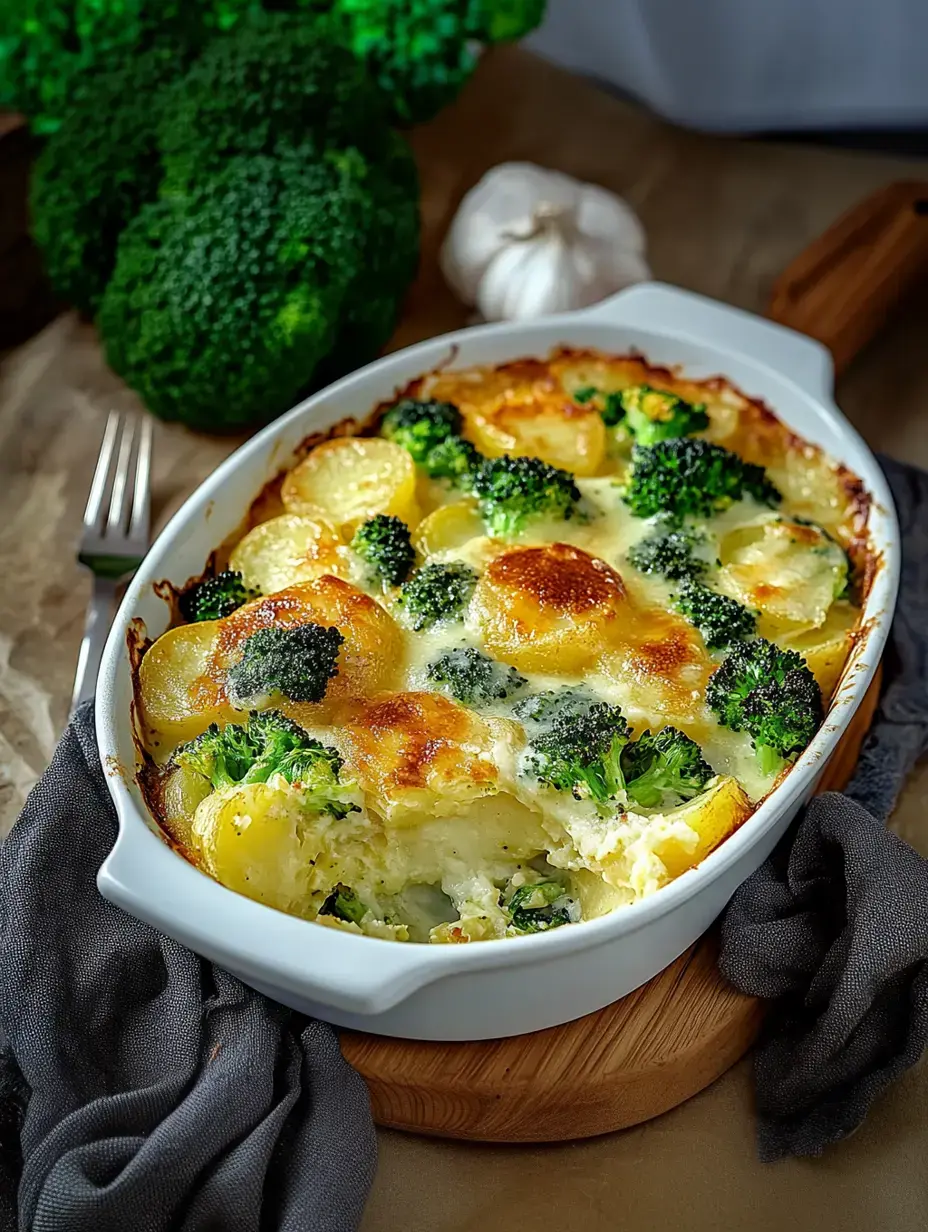Un gratin de pommes de terre et brocoli avec une croûte de fromage dorée, servi dans un plat blanc.