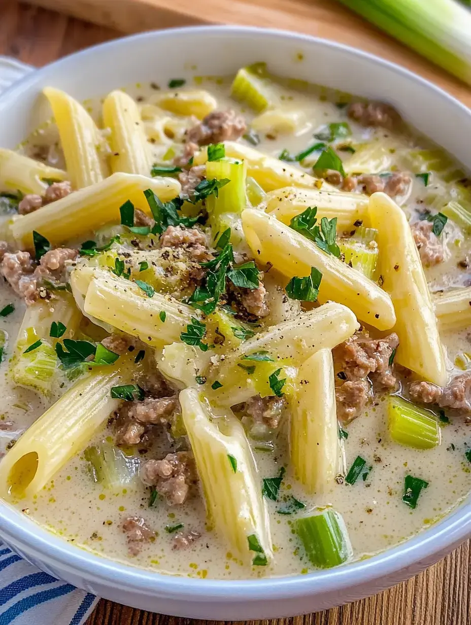 Un bol de pâtes rigatoni dans une sauce crémeuse, garni de viande hachée et d'oignons verts frais.
