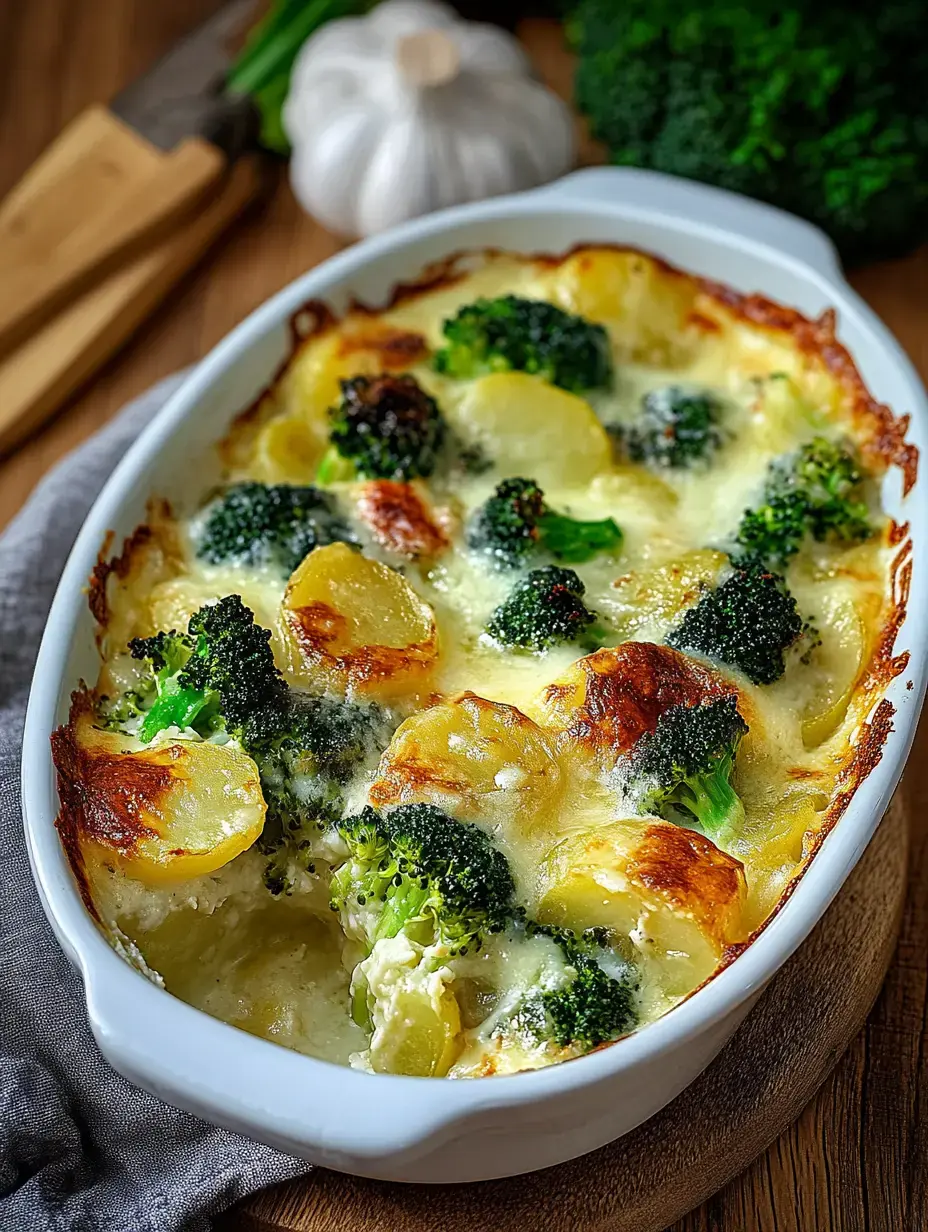 Un plat gratiné avec pommes de terre et brocoli dans un moule blanc.
