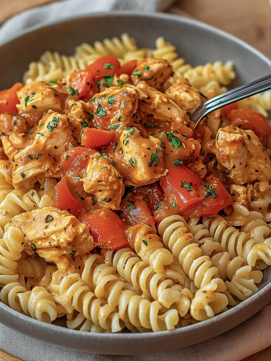 Une assiette de pâtes fusilli avec des morceaux de poulet dans une sauce tomate, garnie d'herbes fraîches.