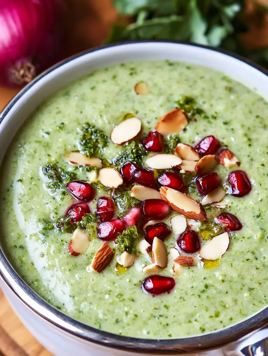 Une soupe verte crémeuse, garnie de graines de grenade et d'amandes effilées, servie dans un bol.