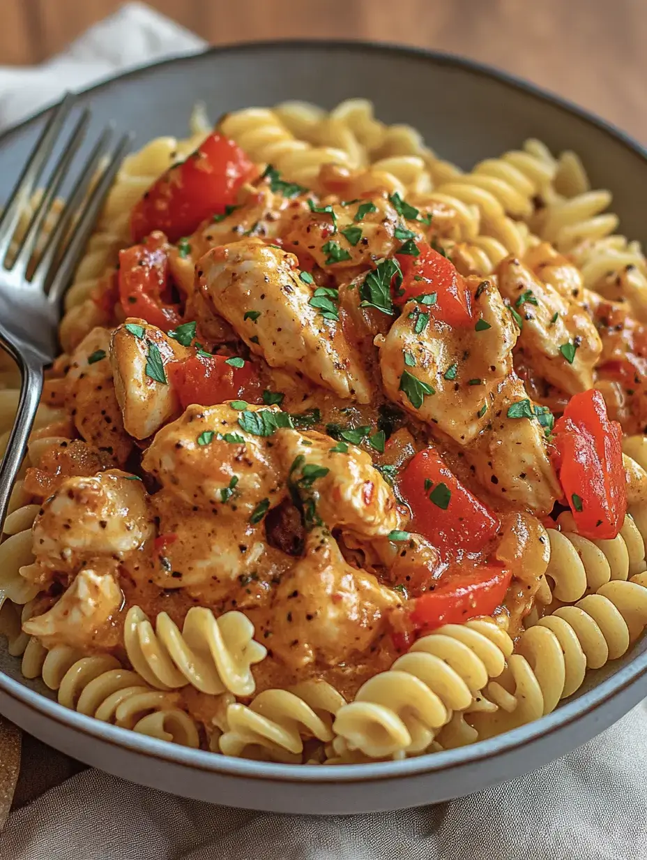 Une assiette de pâtes fusilli avec des morceaux de poulet, poivrons rouges et sauce crémeuse, garnie de persil frais.