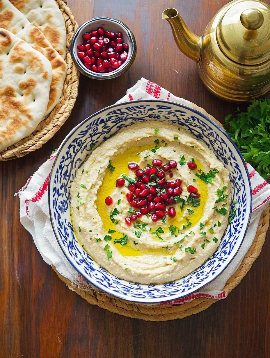 Un bol de houmous garni de graines de grenade et d'huile d'olive, entouré de pain pita et d'une théière.
