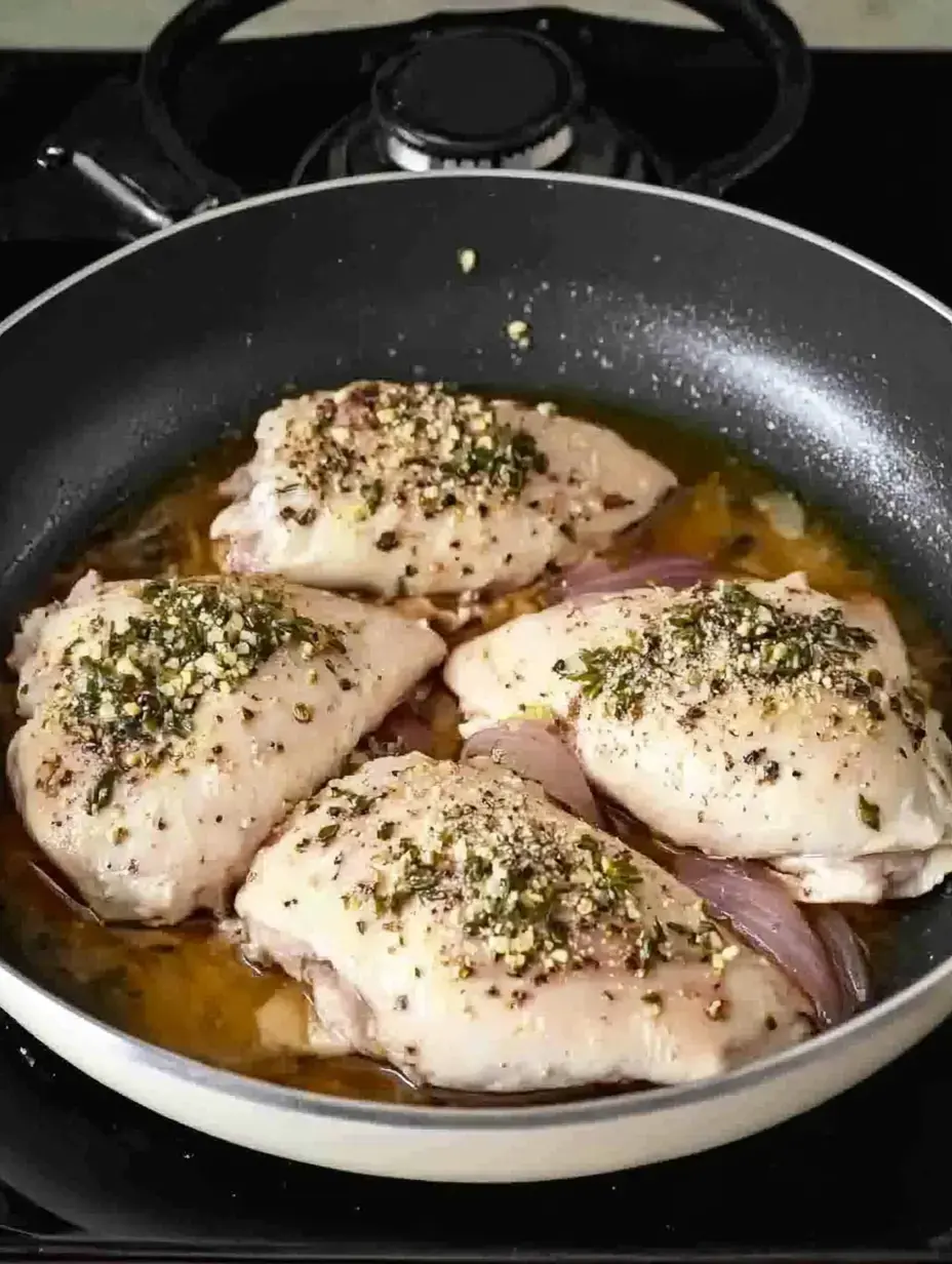Quatre morceaux de blanc de poulet cuisent dans une poêle avec des épices et des morceaux d'oignon.