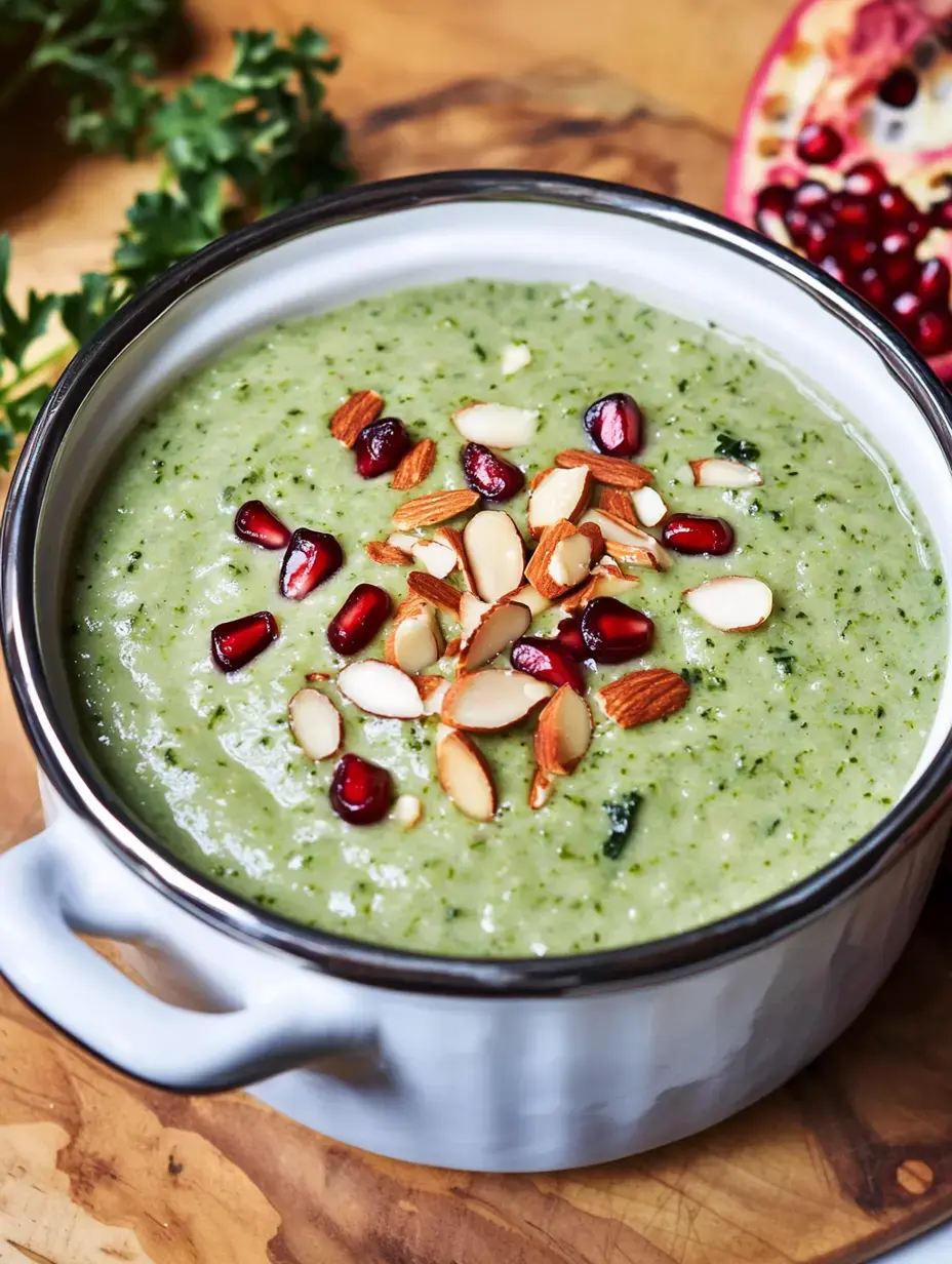 Un bol de soupe verte, garni d'amandes en lamelles et de graines de grenade, posé sur une planche en bois.