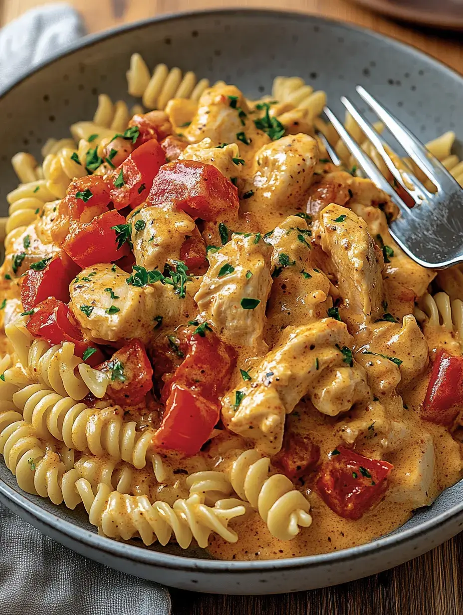 Une assiette de pâtes spirales avec une sauce crémeuse, des morceaux de poulet et des tomates fraîches, garnie de persil.