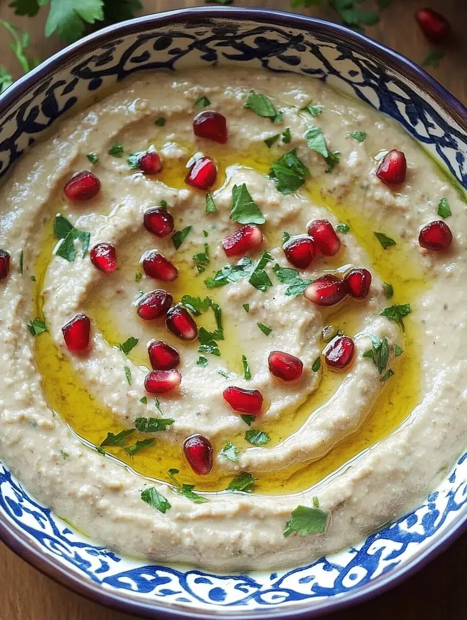 Un bol de houmous décoré de graines de grenade, de coriandre fraîche et d'un filet d'huile d'olive.