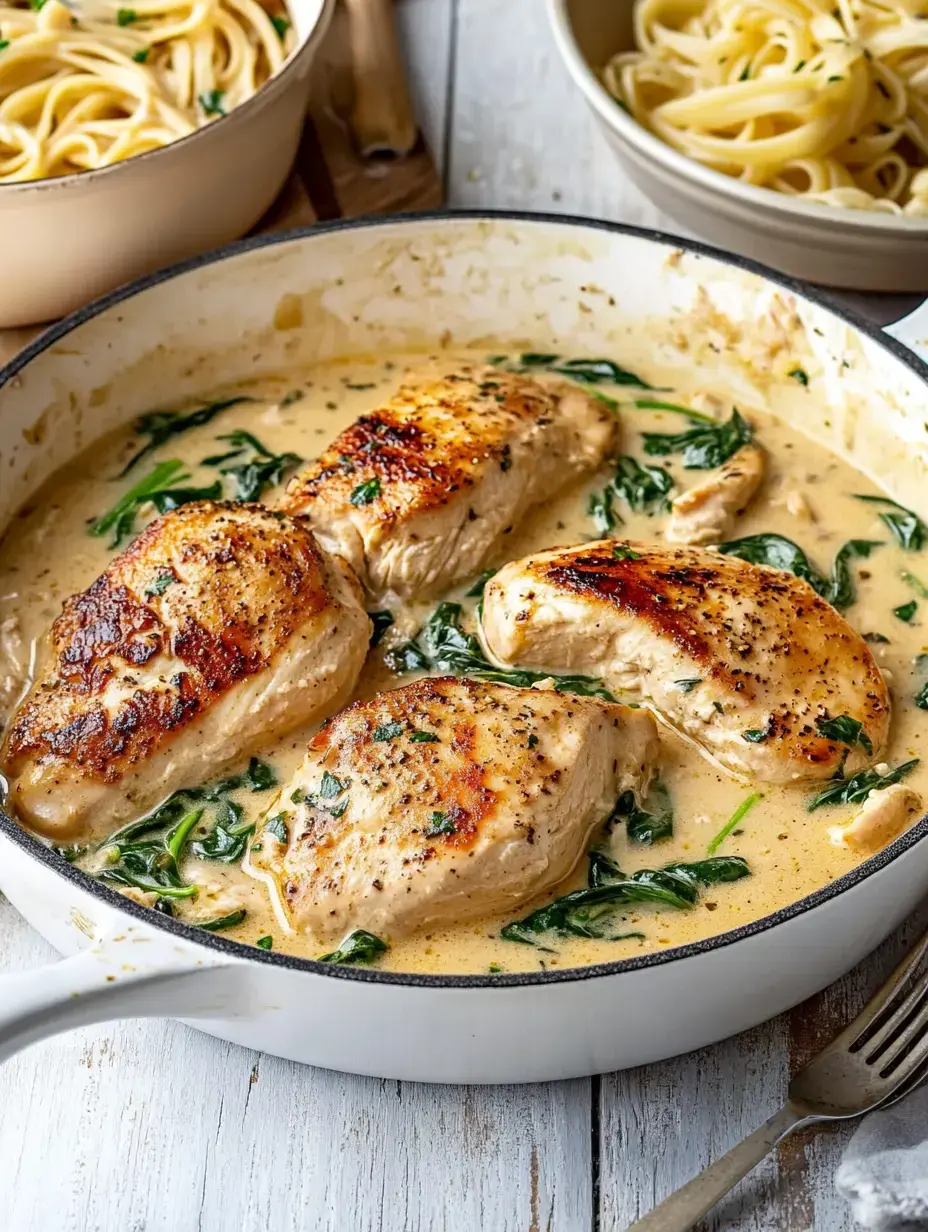 Une poêle contenant des filets de poulet dans une sauce crémeuse, entourés d'épinards, avec deux bols de spaghetti en arrière-plan.