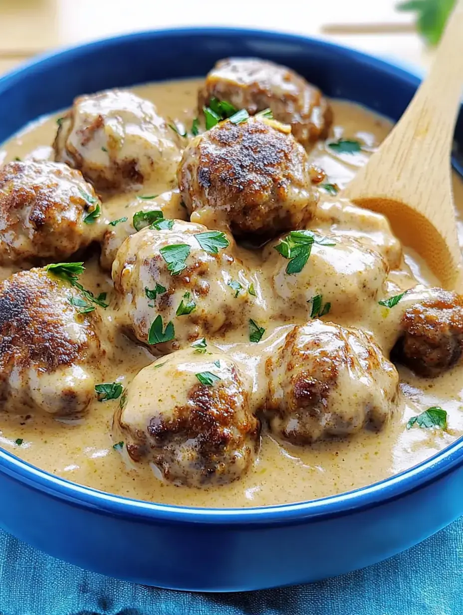 Un bol bleu rempli de juteuses boulettes de viande dans une sauce crémeuse, garnies de persil frais.