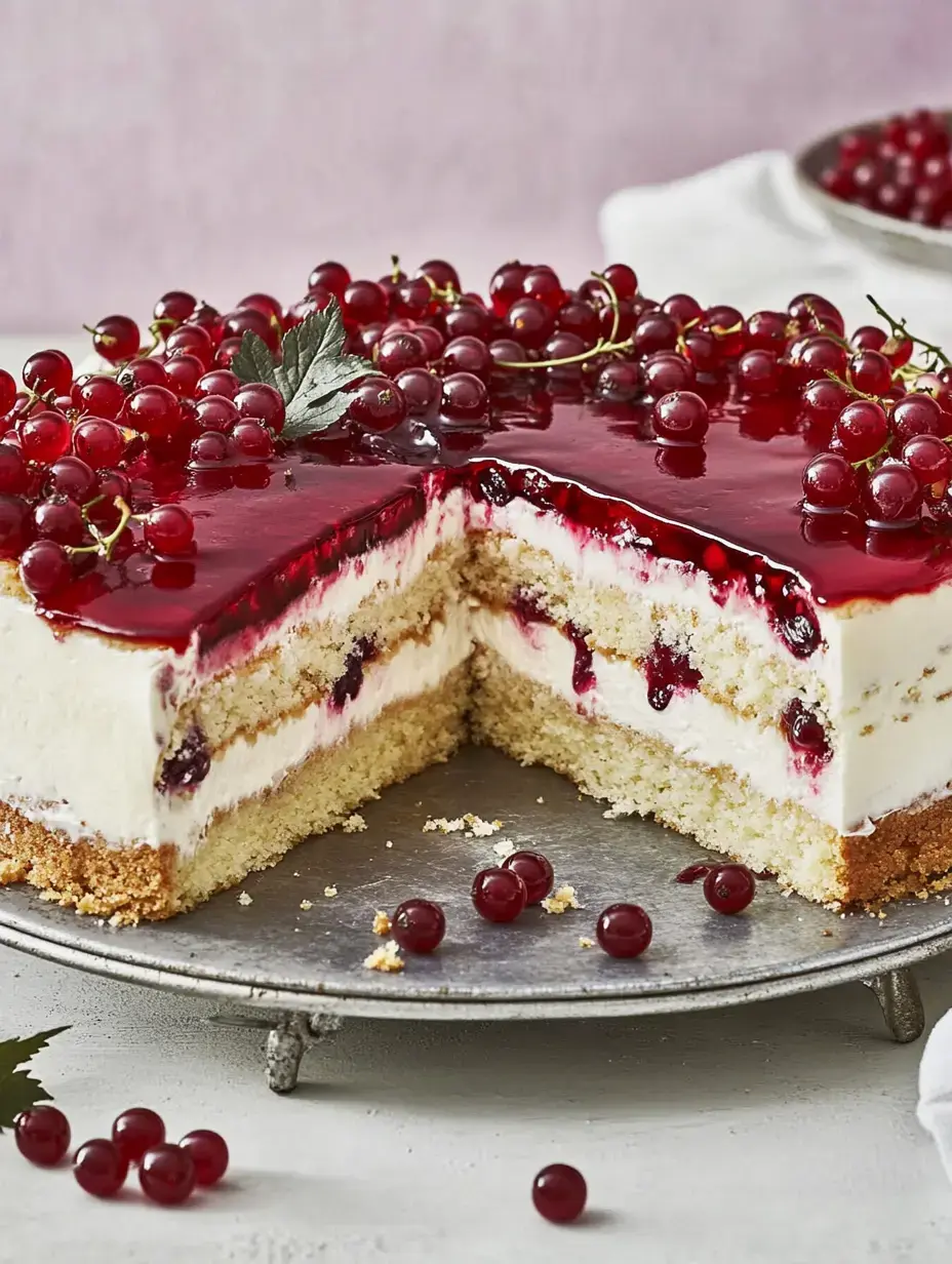 Un délicieux gâteau avec une couche de crème et de groseilles, recouvert d'un nappage rouge et décoré de groseilles rouges fraîches.