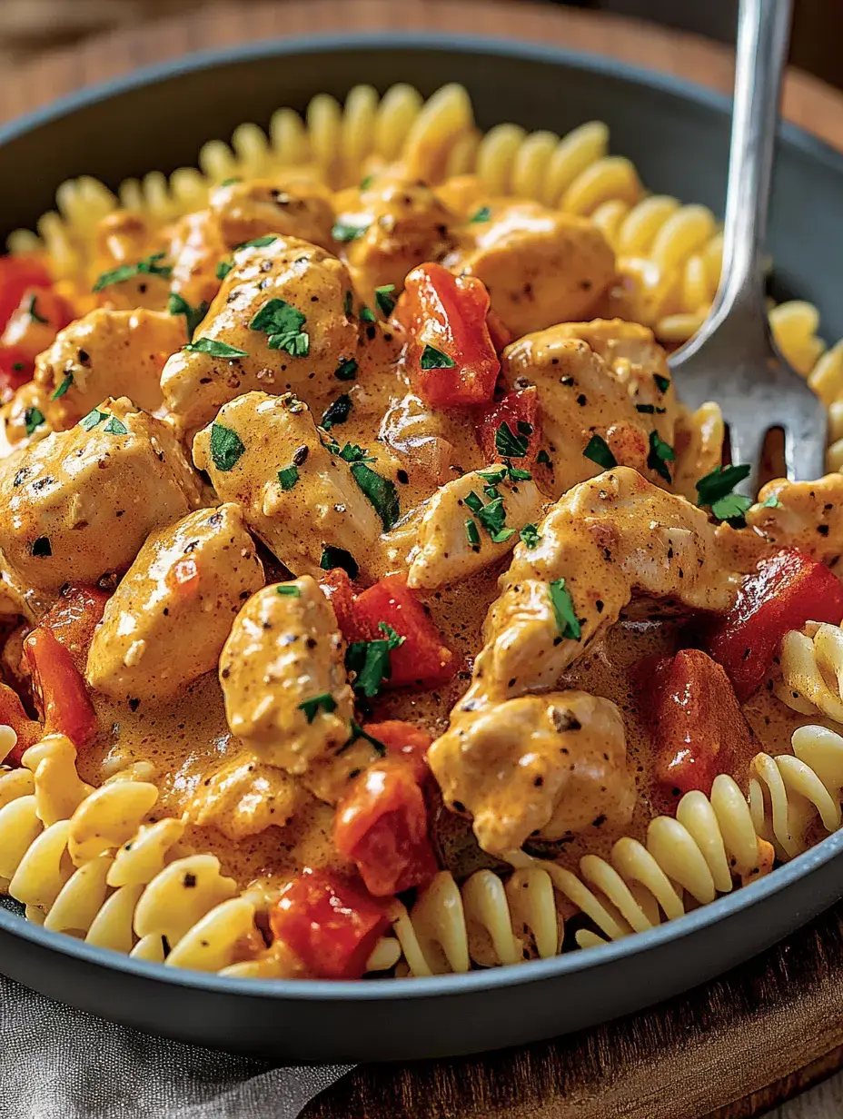 Une assiette de pâtes fusilli, nappées d'une sauce crémeuse avec des morceaux de poulet et des tomates, garnie de persil frais.