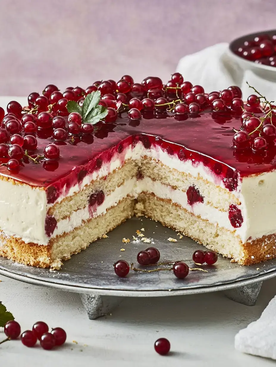 Un gâteau juteux avec un nappage rouge aux groseilles, dont une part a été prélevée.