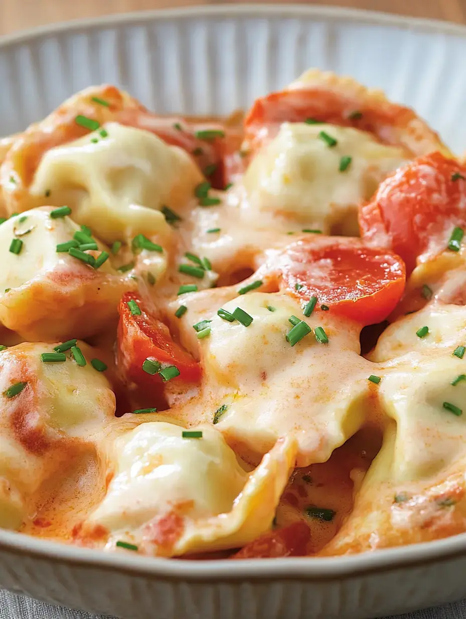 Une assiette de pâtes farcies avec du fromage fondu et des tomates cerises, garnie de ciboulette.