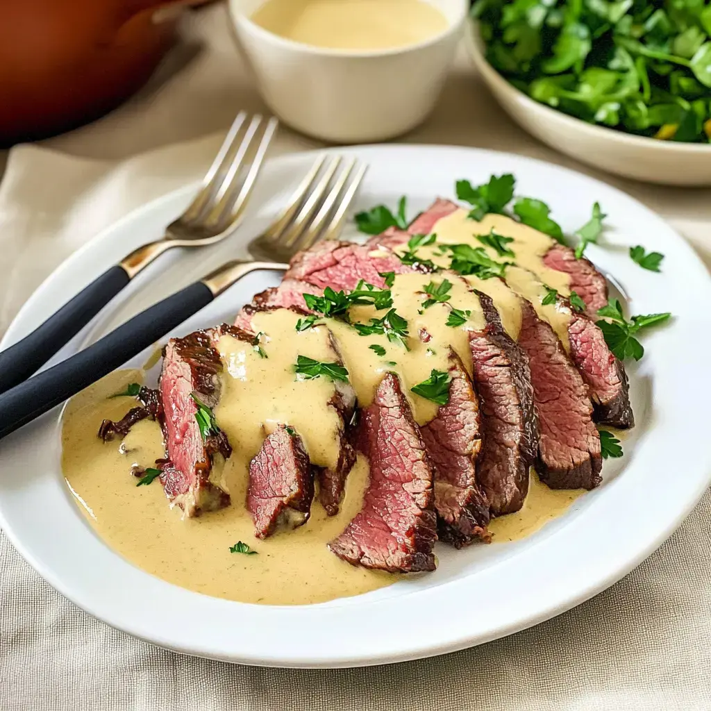 Une assiette de tranches de bœuf, nappées d'une sauce crémeuse et garnies d'herbes fraîches, accompagnée d'un bol de salade verte.