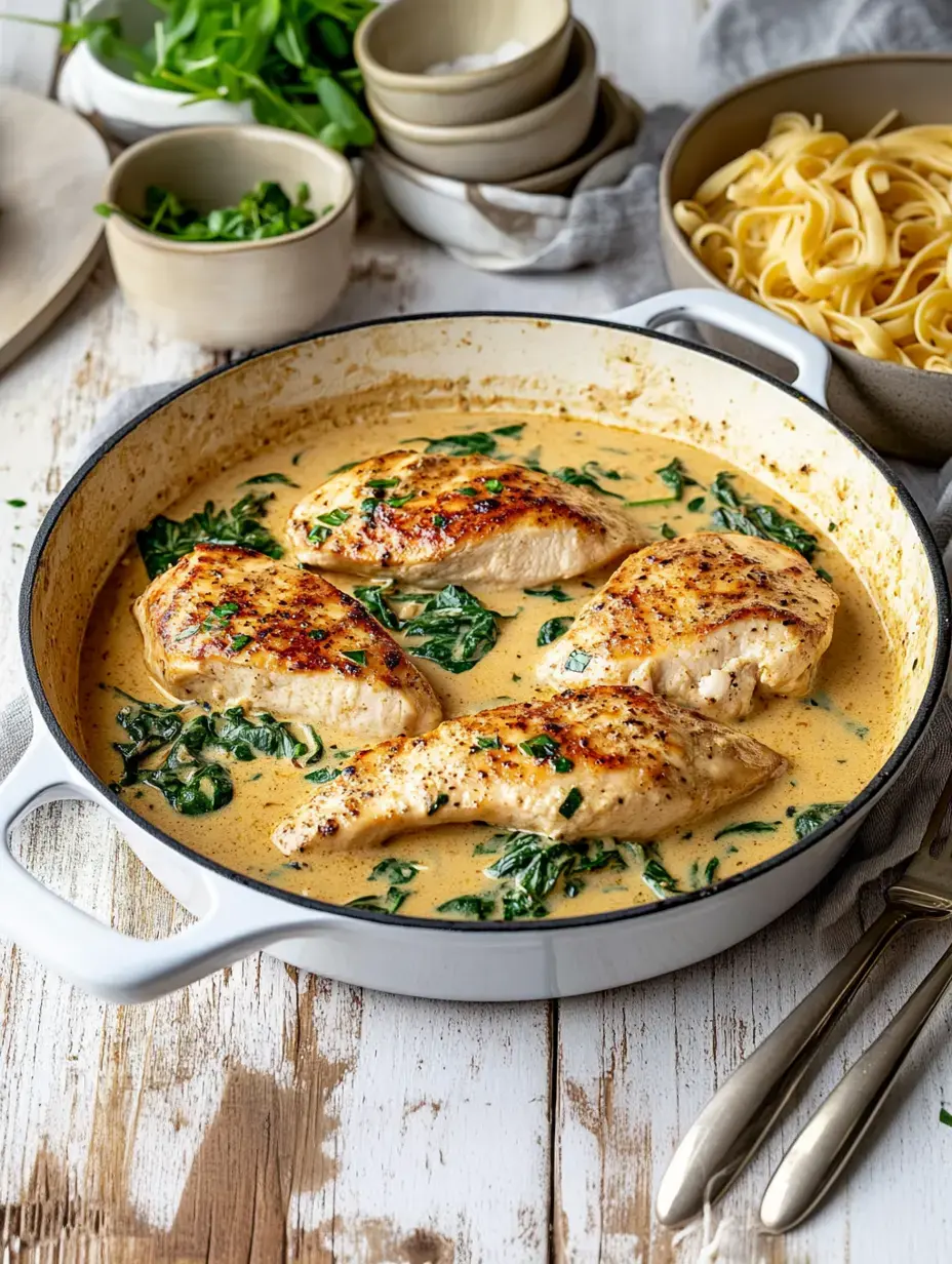 Une casserole avec des filets de poulet sautés dans une sauce crémeuse aux épinards, entourée de légumes frais et d'un bol de pâtes.