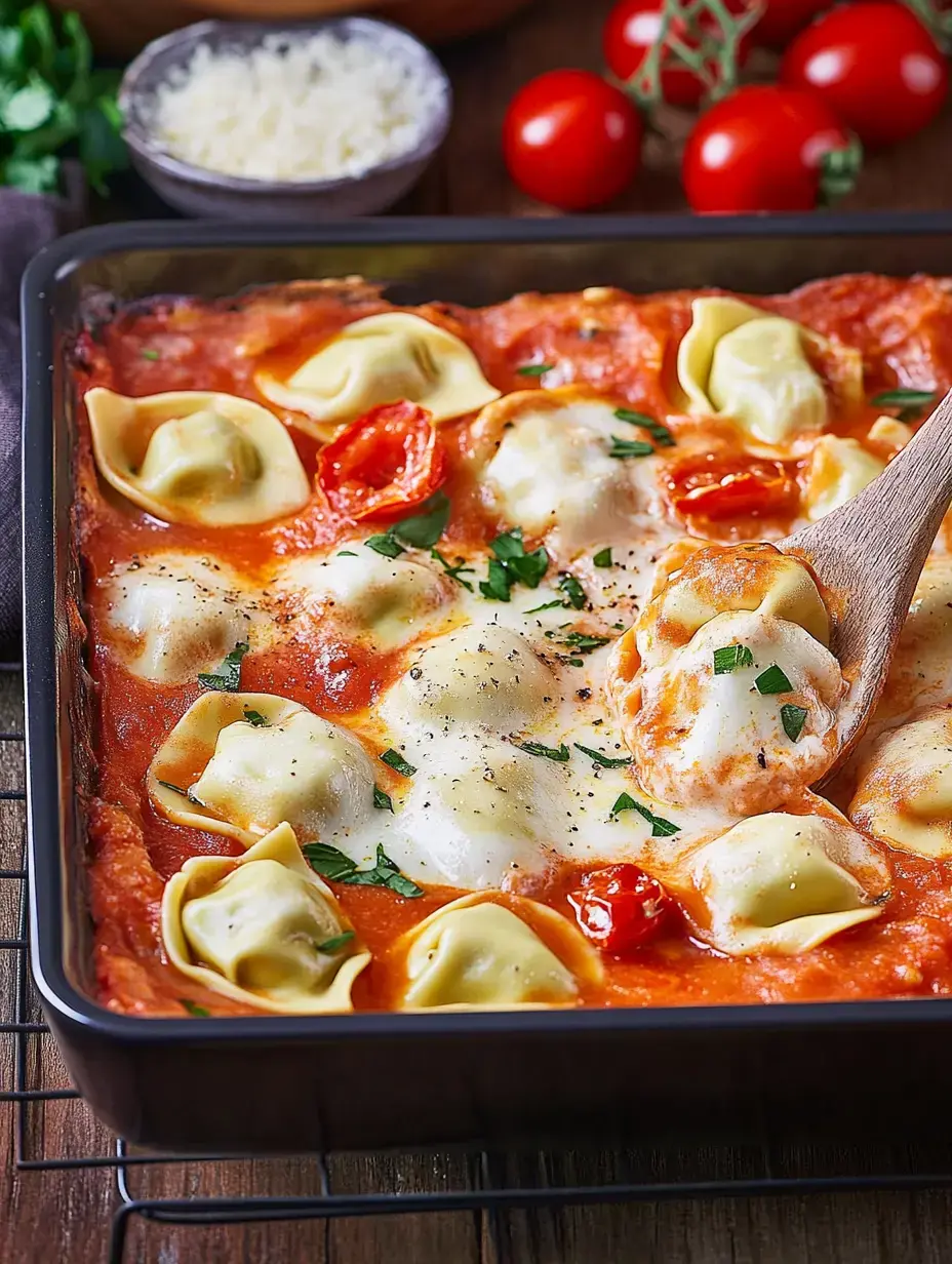 Un gratin de pâtes farcies dans une sauce tomate, garni d'herbes fraîches et de tomates cerises.