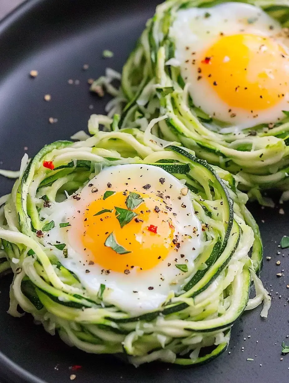 Deux nids de spaghetti de courgettes avec un œuf au plat au milieu, garnis de poivre et d'herbes fraîches, sur une assiette noire.