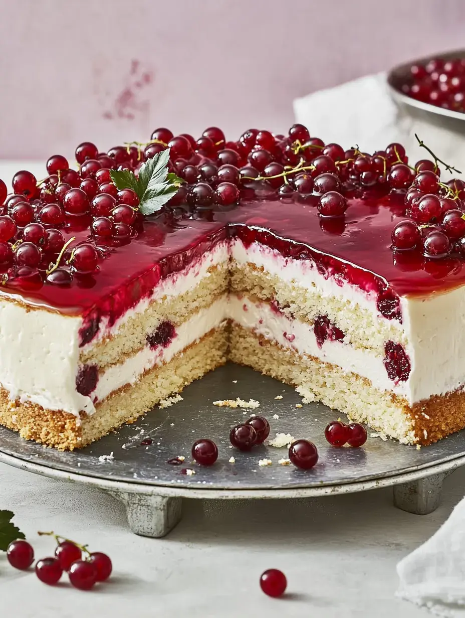 Un gâteau en couches avec un nappage rouge aux groseilles, une garniture à la crème et des groseilles fraîches sur le dessus, dont une part a été coupée.
