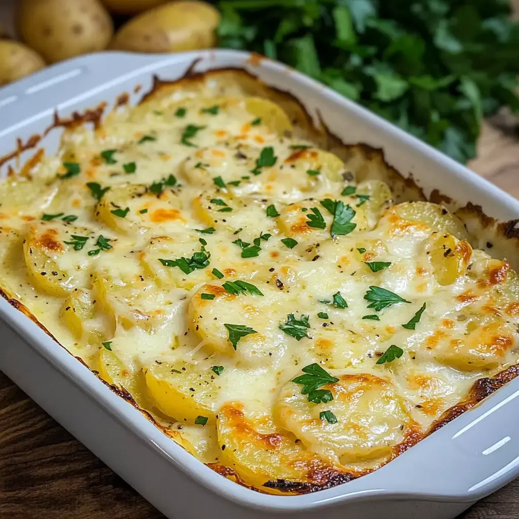 Un gratin de pommes de terre crémeux avec du fromage et des herbes fraîches, servi dans un plat blanc.