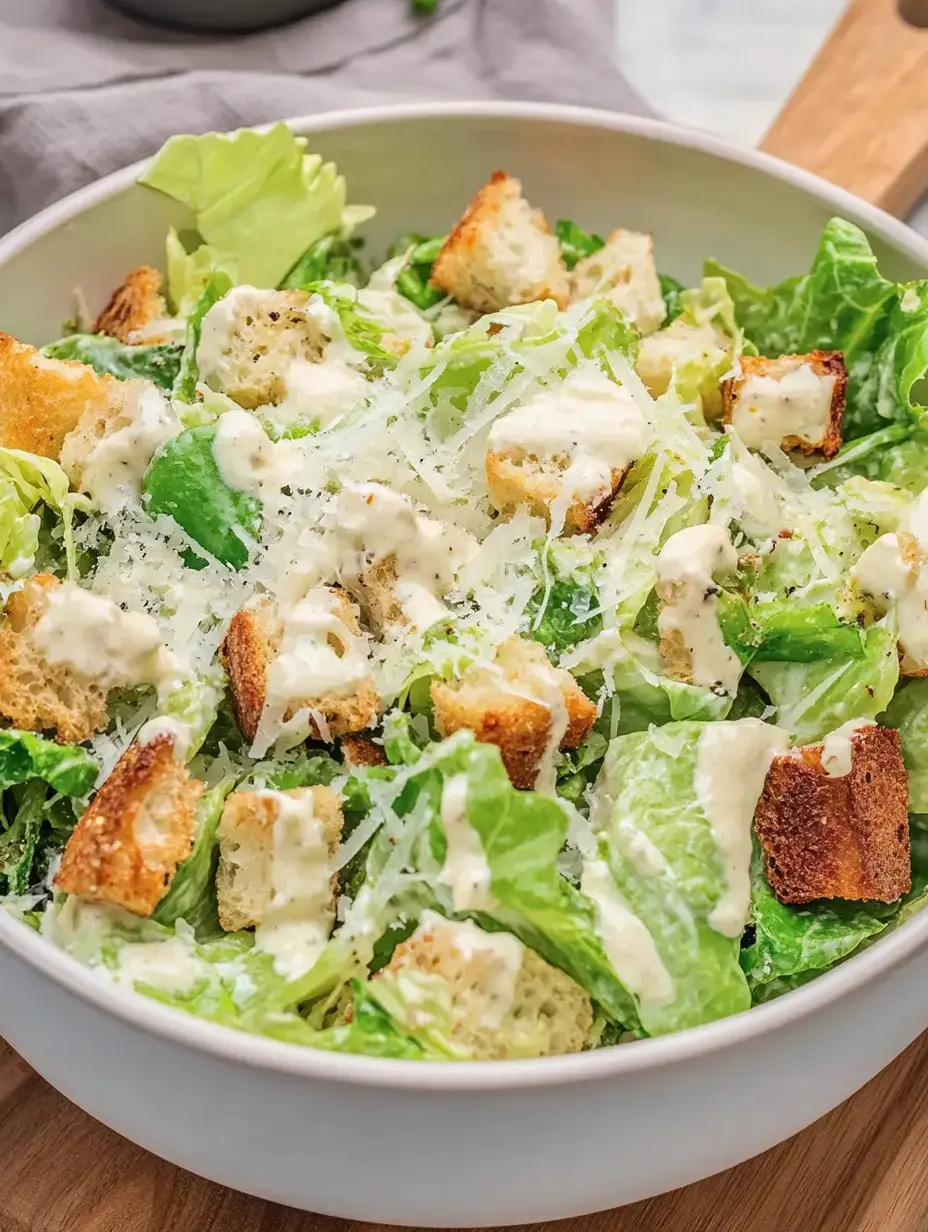 Un bol de salade César avec des feuilles de laitue verte, des croûtons et une sauce crémeuse.