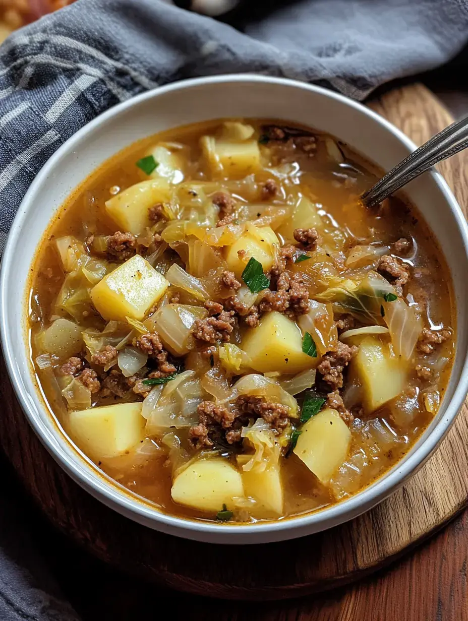 Un bol de soupe aux pommes de terre, garni de viande hachée et de chou, présenté sur une planche en bois.