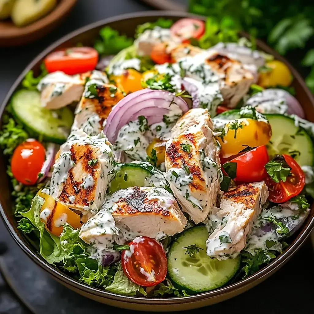 Une salade colorée avec du poulet grillé, concombres, tomates, oignons rouges et une sauce crémeuse aux herbes.