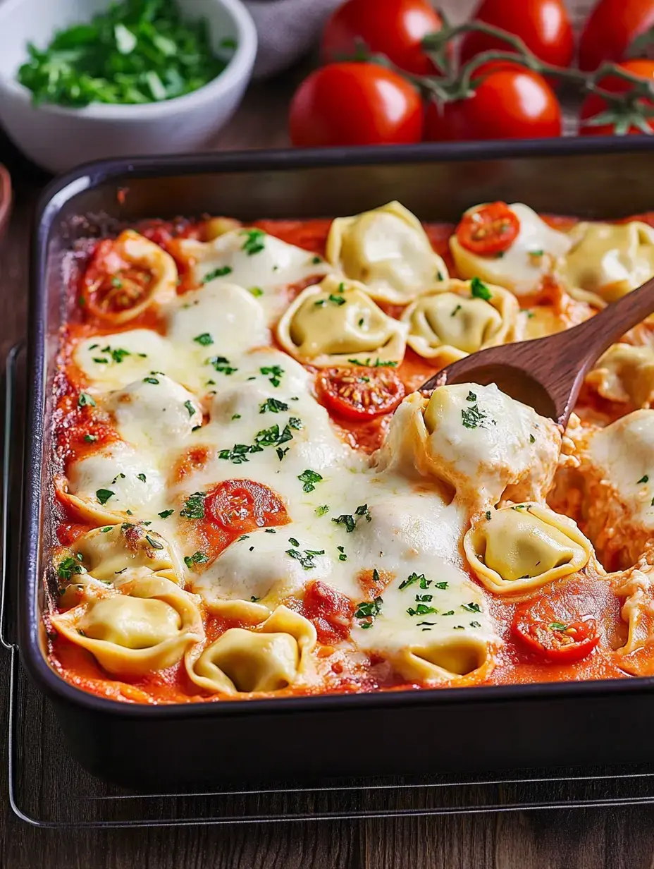 Un gratin de pâtes farcies, recouvert de fromage fondu et de sauce tomate, garni de persil frais.