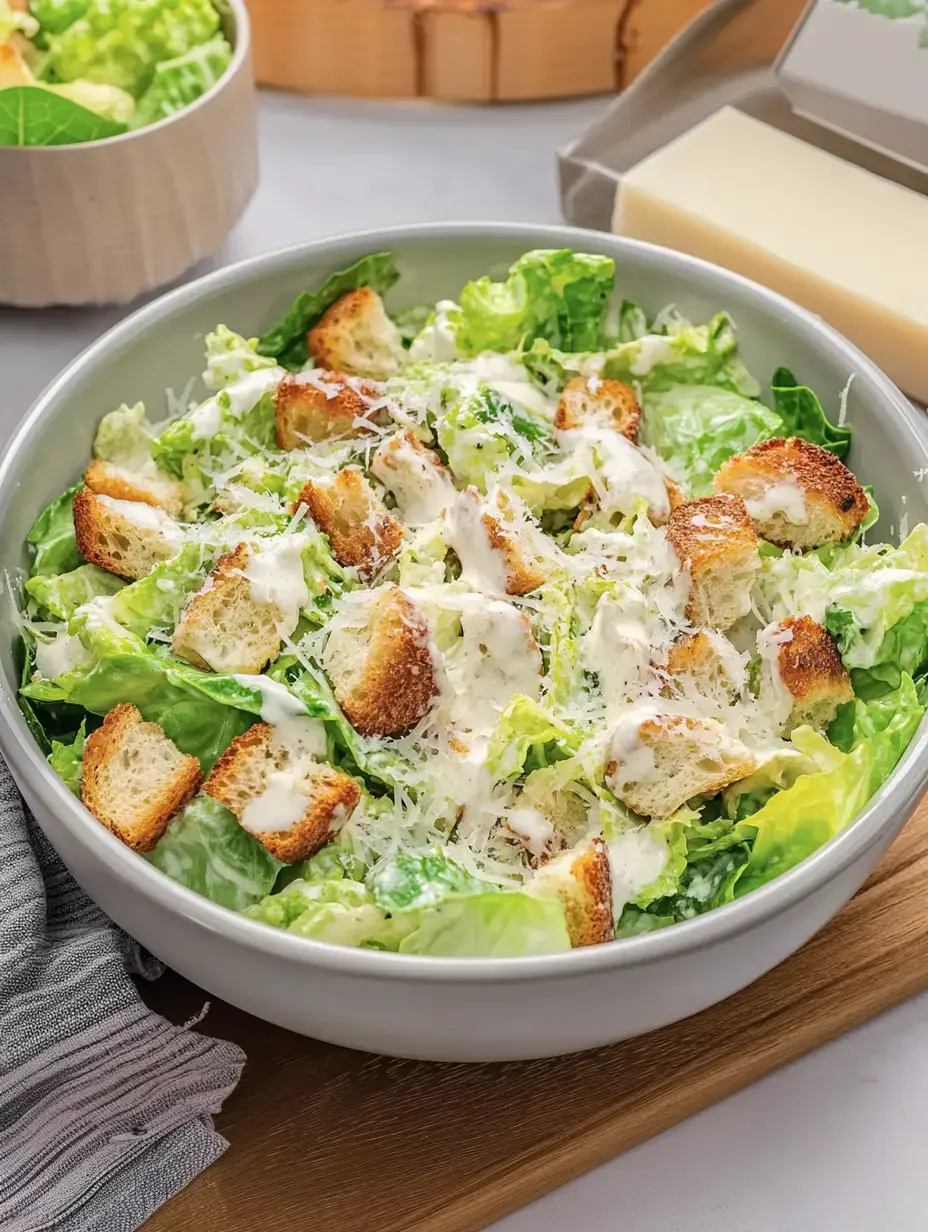 Un grand bol de salade César contenant de la laitue romaine, des croûtons et une couche de sauce crémeuse.