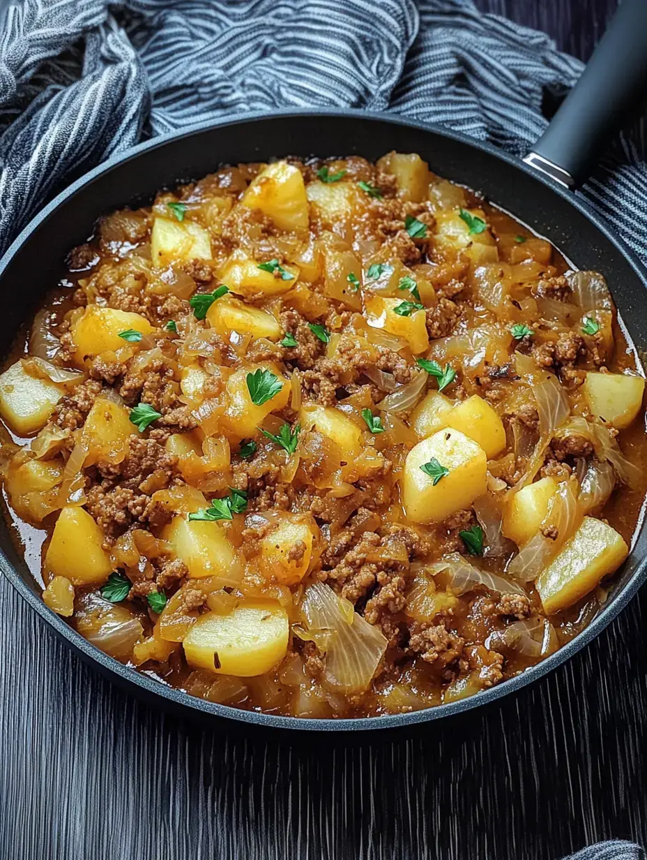 Une marmite contenant un mélange de viande hachée, pommes de terre et oignons, garni de persil frais.