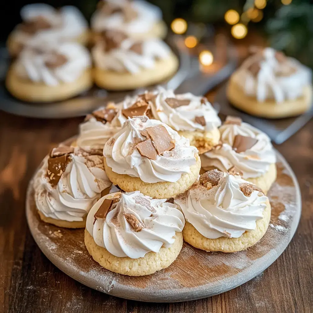 Une assiette de biscuits mousseux, décorés de crème et de morceaux de chocolat, sur une table en bois.