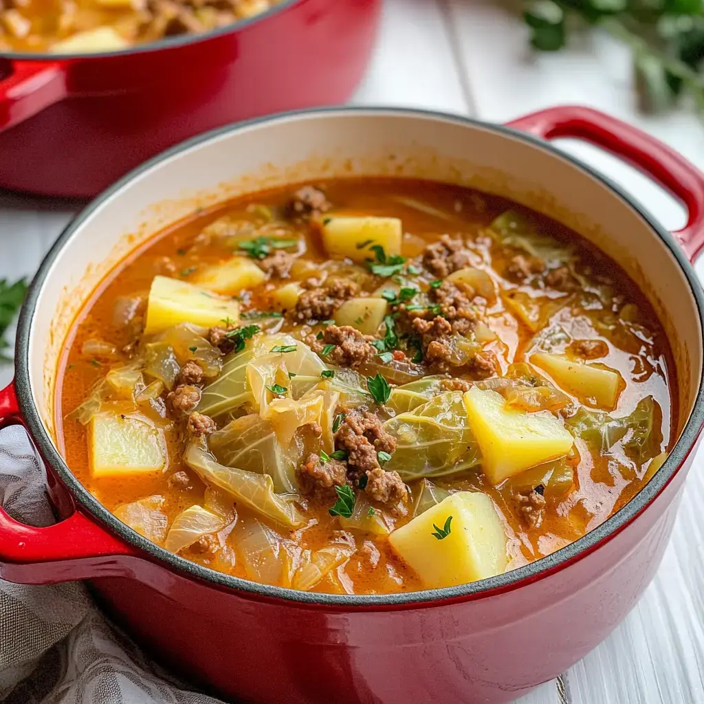 Une marmite rouge contient un plat copieux avec pommes de terre, viande hachée et chou dans une sauce épicée.