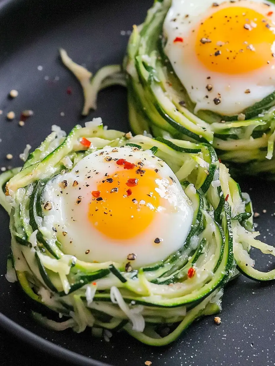 Deux œufs pochés reposent sur un lit de courgettes coupées en spirale, assaisonnés de poivre noir et de flocons de piment rouge.