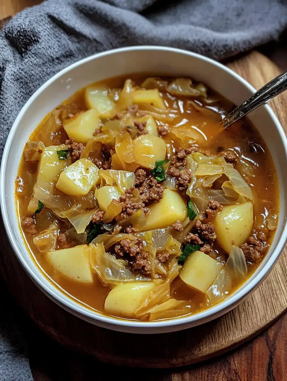Une assiette de ragoût copieux avec pommes de terre, viande hachée et chou dans un bouillon savoureux.