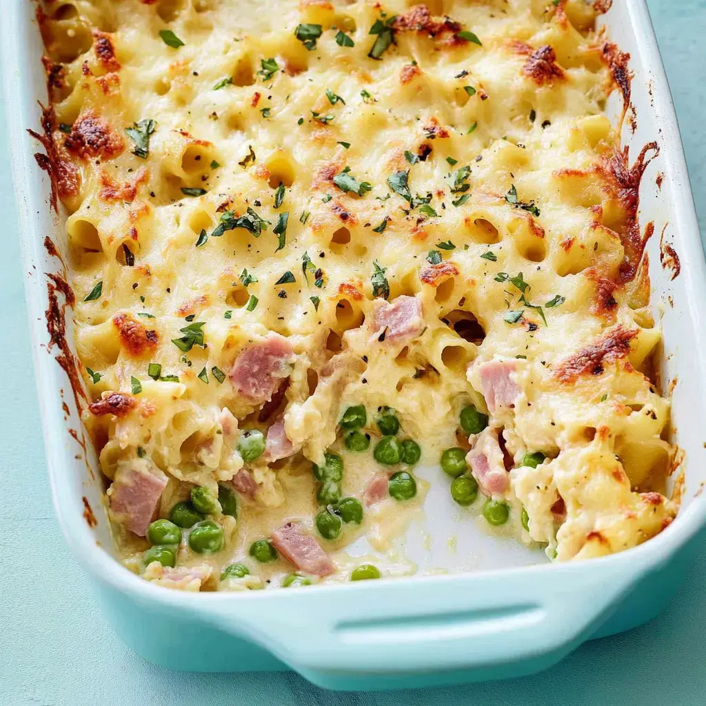 Un gratin de macaronis avec jambon, petits pois et fromage fondu, garni d'herbes fraîches.