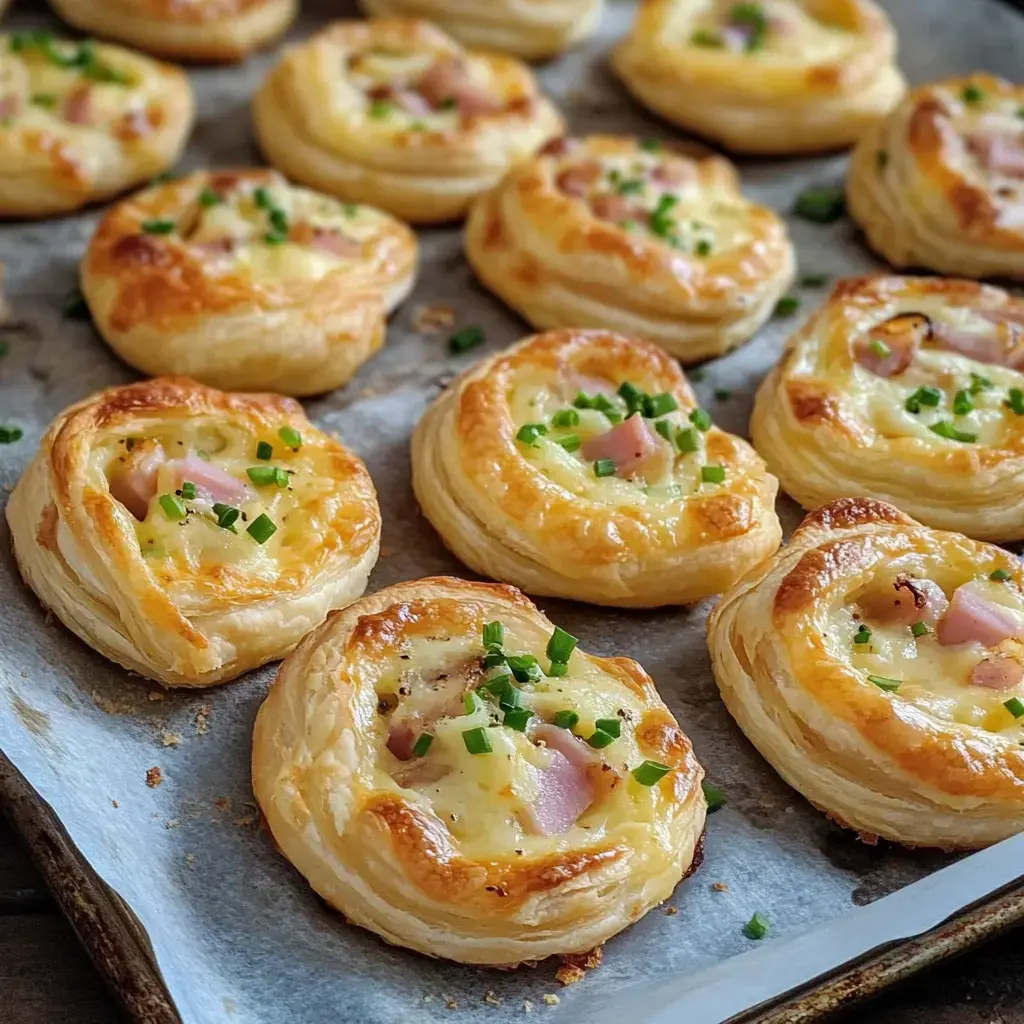 Une plaque de cuisson avec des spirales de pâte feuilletée dorées, garnies de lardons et de ciboulette.