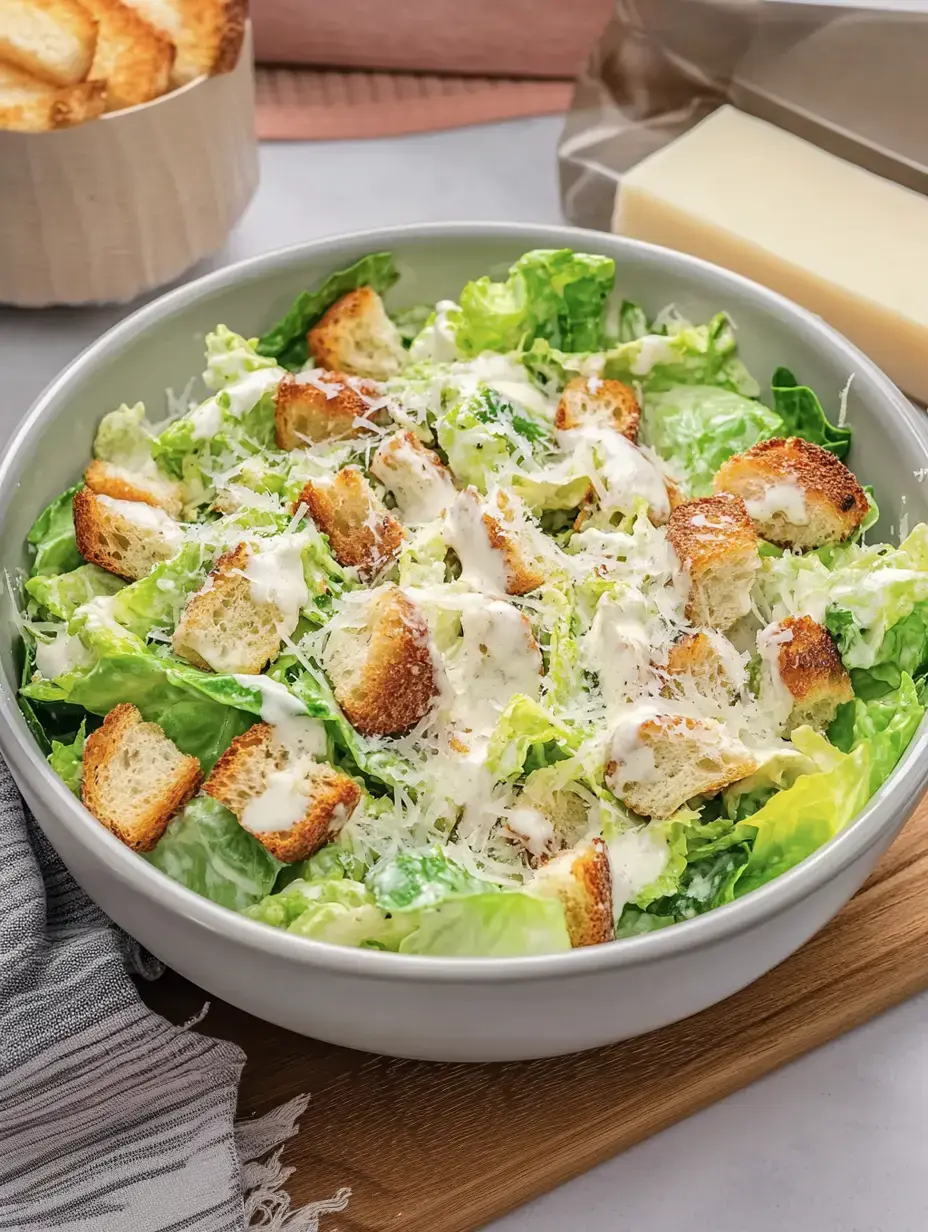 Un bol de salade César composé de laitue romaine, de croûtons et d'une sauce crémeuse, garni de fromage râpé.