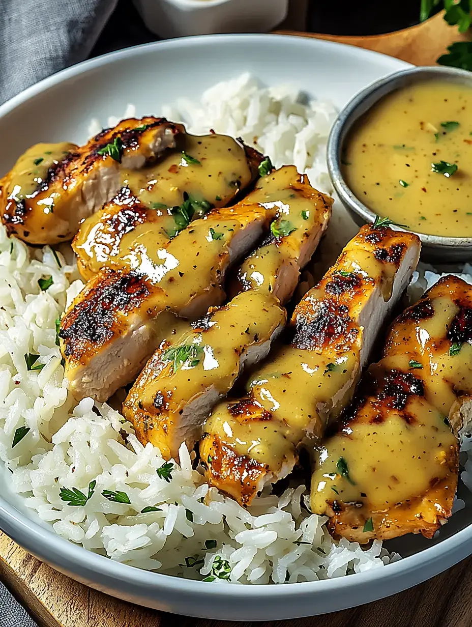 Filet de poulet grillé avec une sauce crémeuse sur un lit de riz basmati.