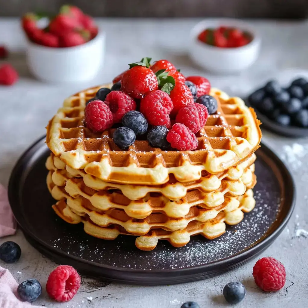 Une pile de gaufres, décorée de framboises et de myrtilles fraîches, sur une assiette noire.