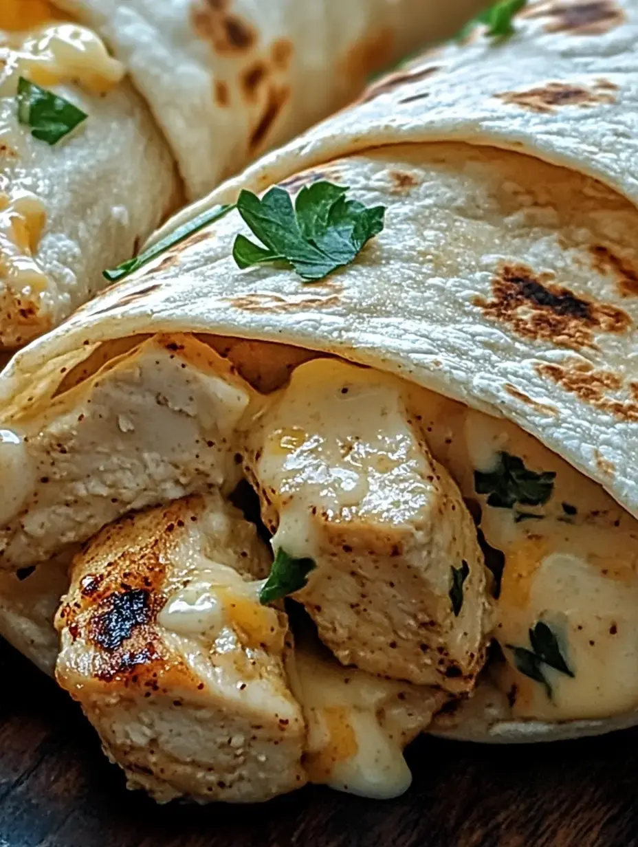 Une photo rapprochée de tortillas tendrement grillées, farcies de morceaux de poulet et de sauce crémeuse, garnies de persil frais.