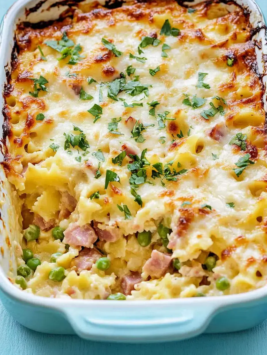 Un gratin de pâtes avec jambon, petits pois et une croûte de fromage dorée, garni d'herbes fraîches.