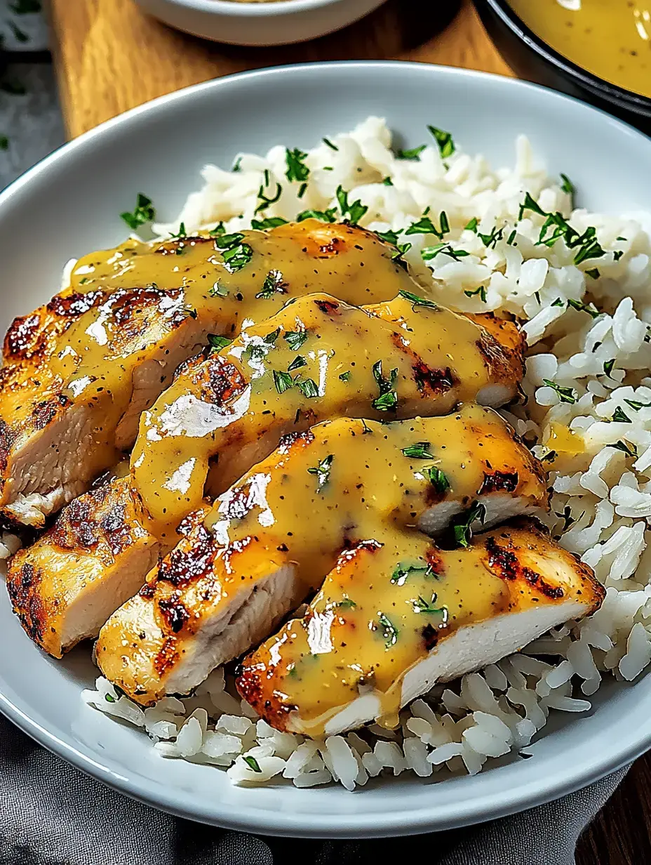Une assiette avec du filet de poulet frit, servi sur un lit de riz et nappé d'une sauce claire, garni de persil frais.